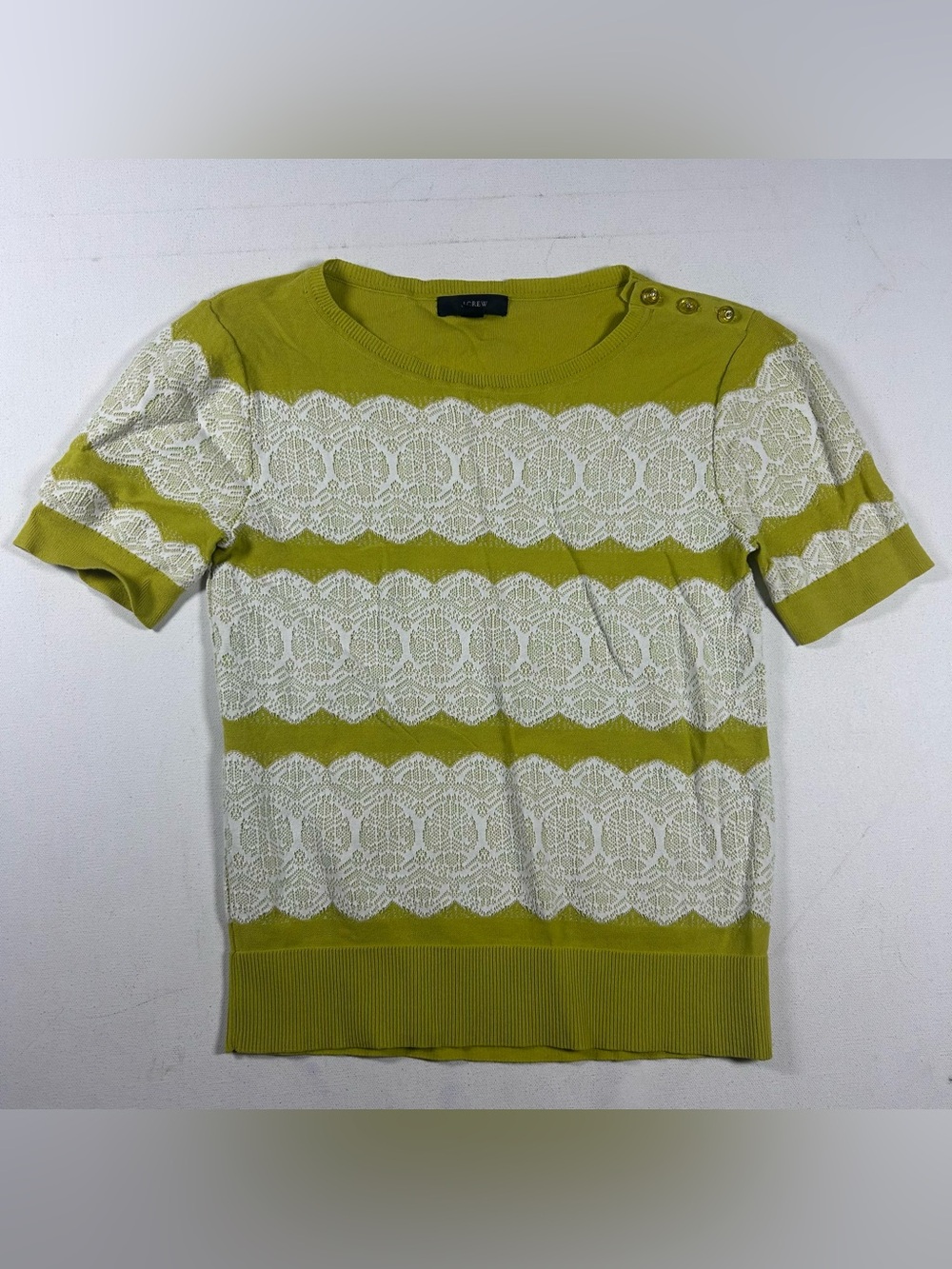 J.CREW Short Sleeve Top Knit Sweater Woman’s XS Lace Embroidery Green Breathable